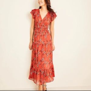 Ann Taylor Shimmer Floral Flutter Sleeve Maxi